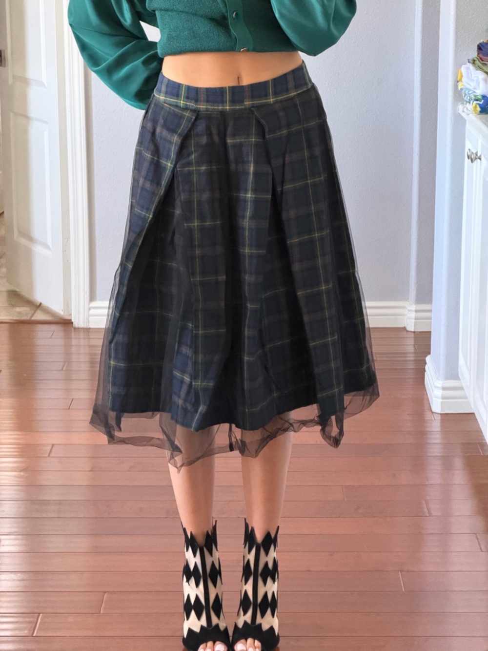 Plaid A-Line Midi Skirt in Dark Navy